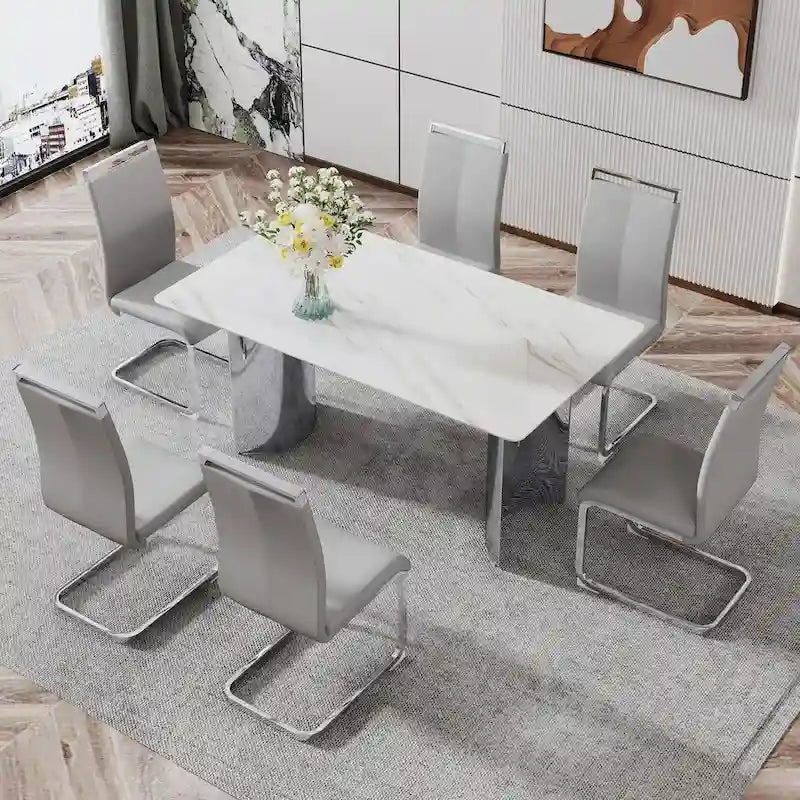 Modern minimalist dining table. White imitation marble glass sticker desktop