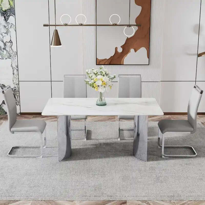 Modern minimalist dining table. White imitation marble glass sticker desktop