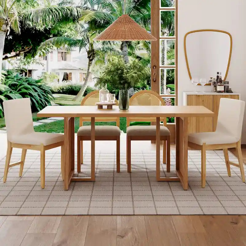 Willow Boho Dining Table for 6 with Solid Wood Legs, Dining Table with Bohemian Rattan Accent