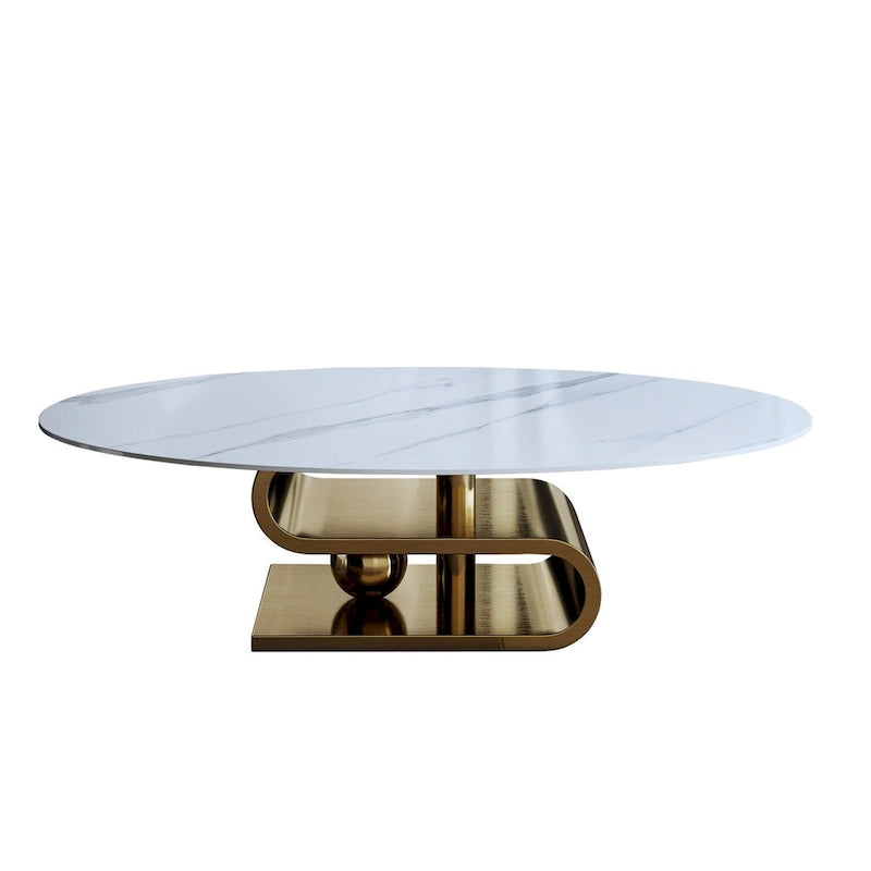 Exquisite Modern Oval Coffee table with white 51L Stone Top and Gold Metal Base
