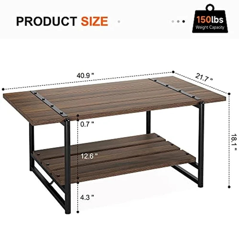 2-Tier Farmhouse 41 Large Wood Coffee Table with Shelf